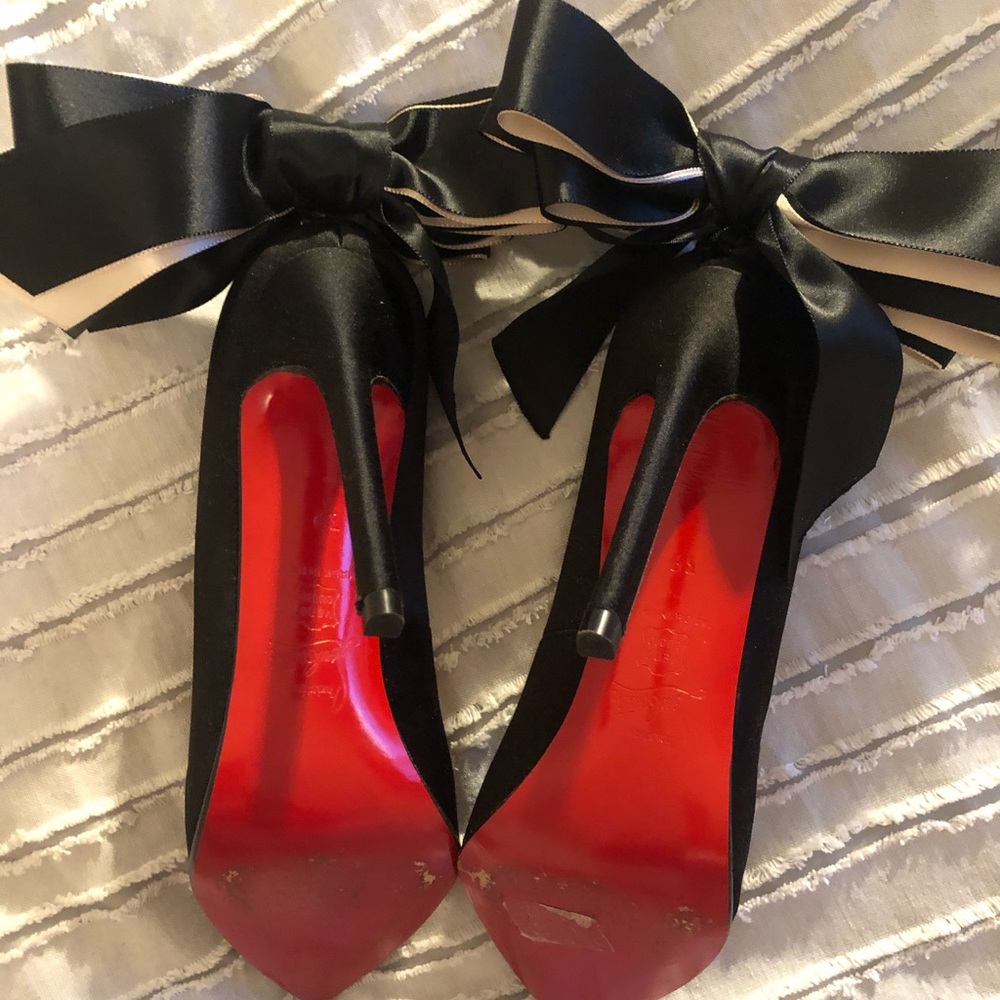 Christian Louboutin Anemone Black Satin Pumps w/ black & silvery white ribbons.